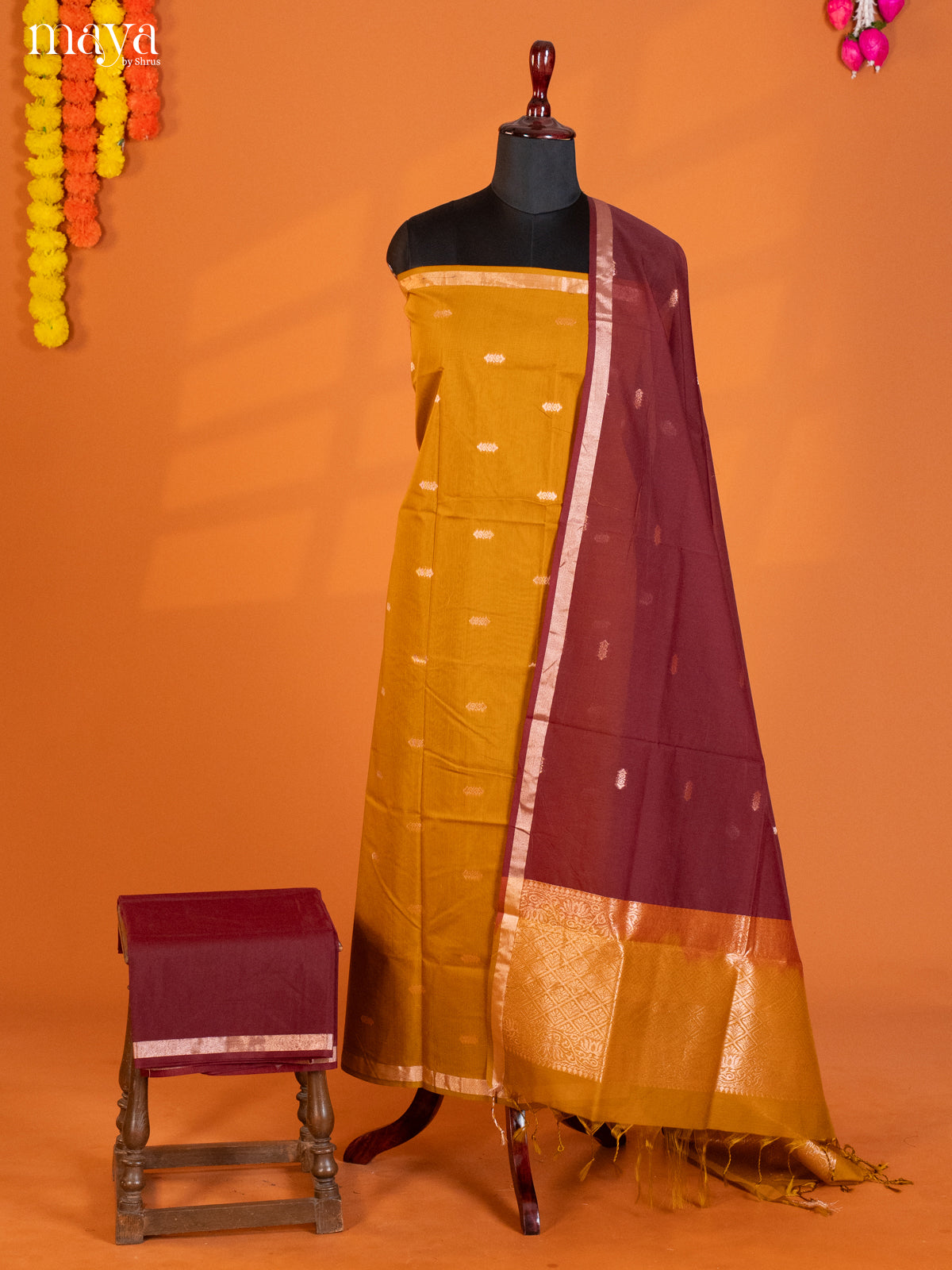 Mustard & Maroon-Semi silkcotton salwar unstitch