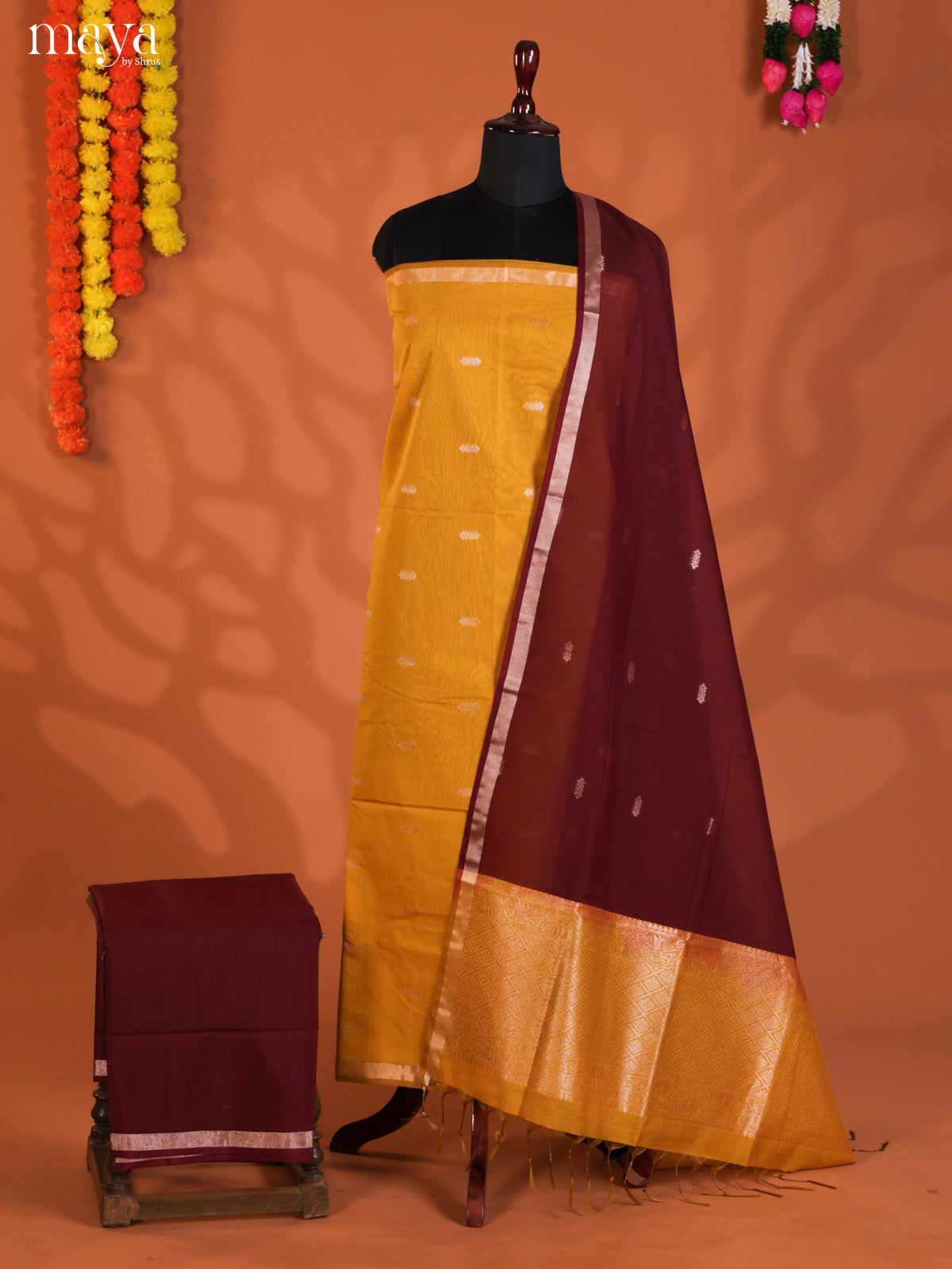 Mustard & Maroon-Semi silkcotton salwar unstitch
