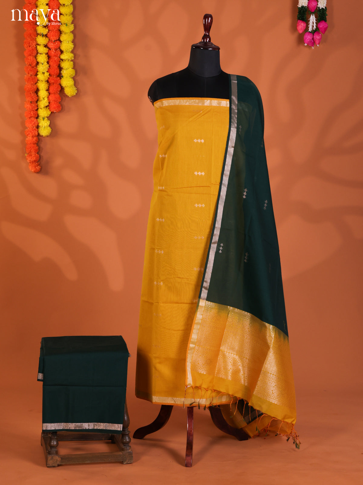 Mustard & Green-Semi silkcotton salwar unstitch