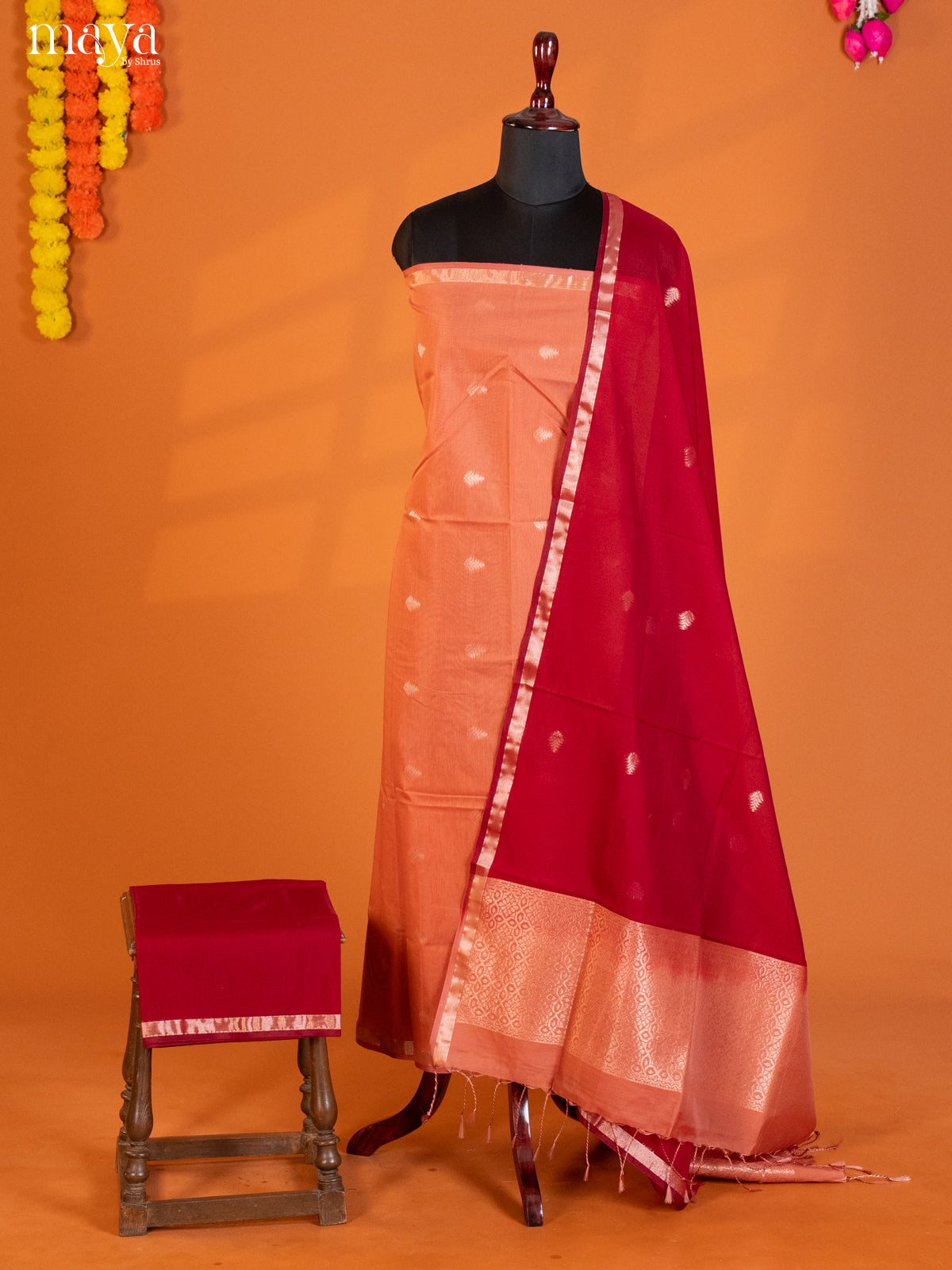 Orange & Red-Semi silkcotton salwar unstitch