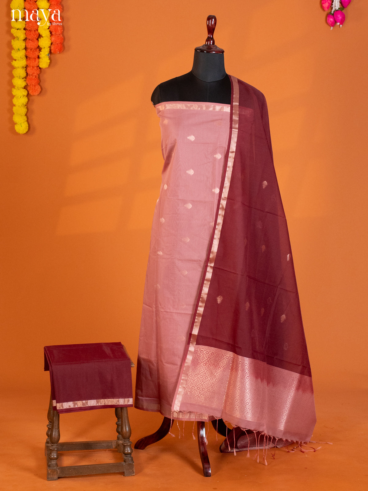 Pink & maroon-Semi silkcotton salwar unstitch