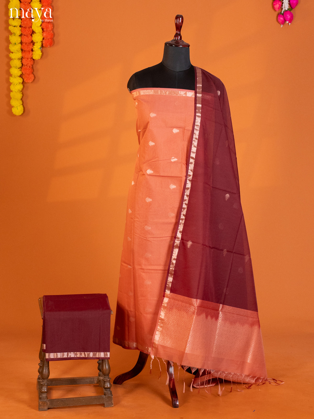 Peach & maroon-Semi silkcotton salwar unstitch