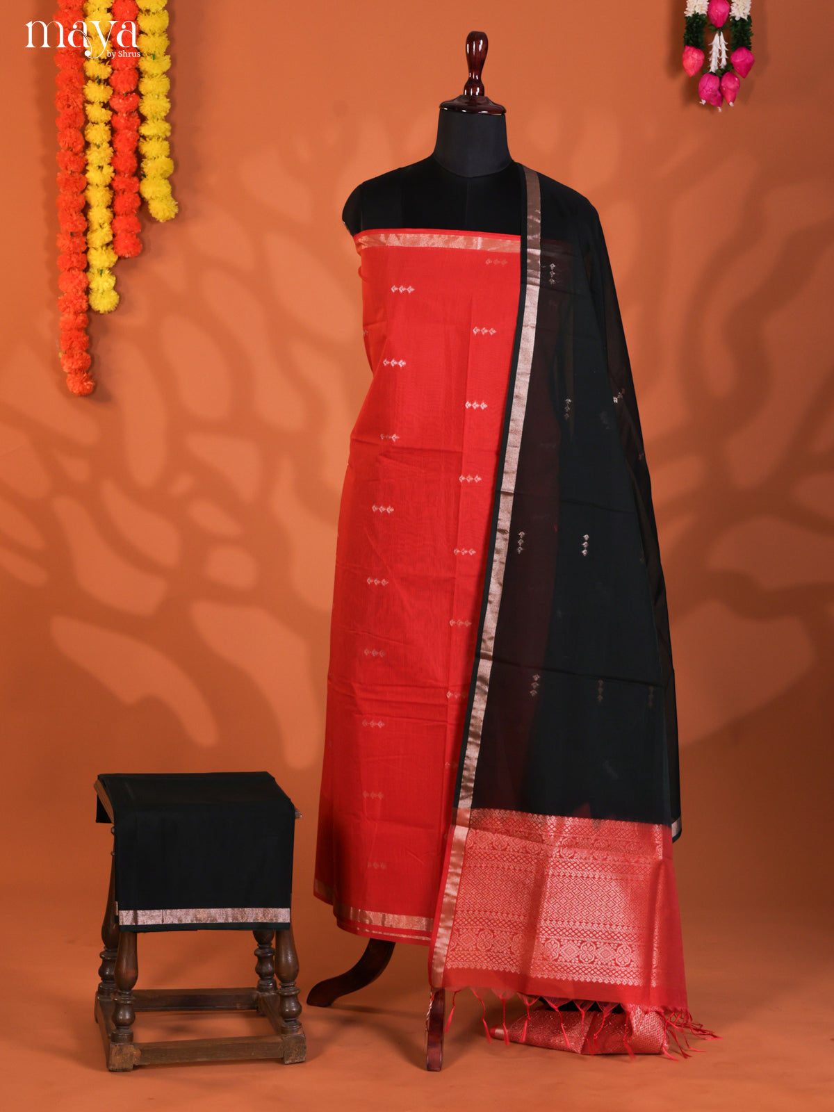 Red & Black-Semi silkcotton salwar unstitch