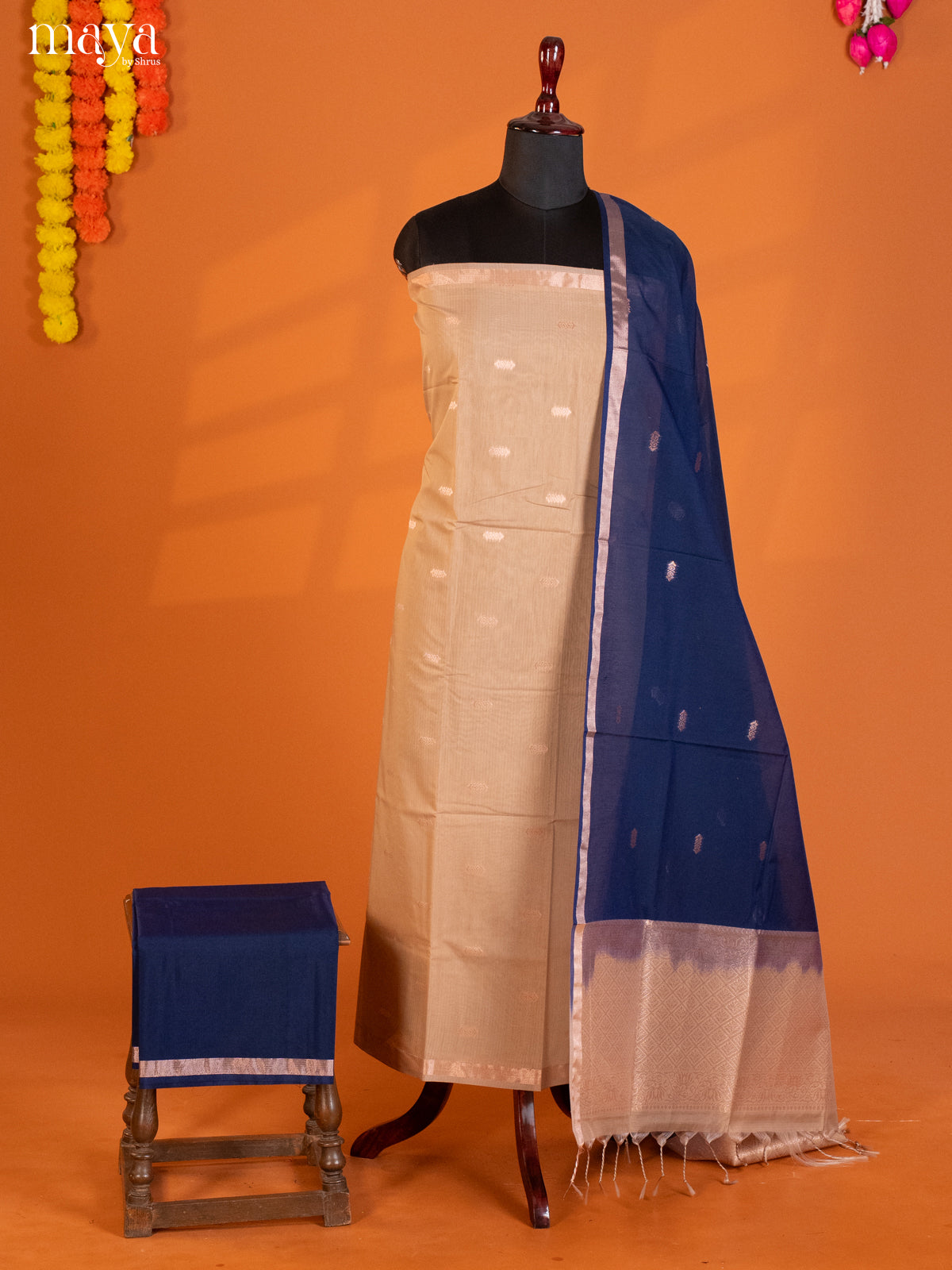 peach & Blue-Semi silkcotton salwar unstitch