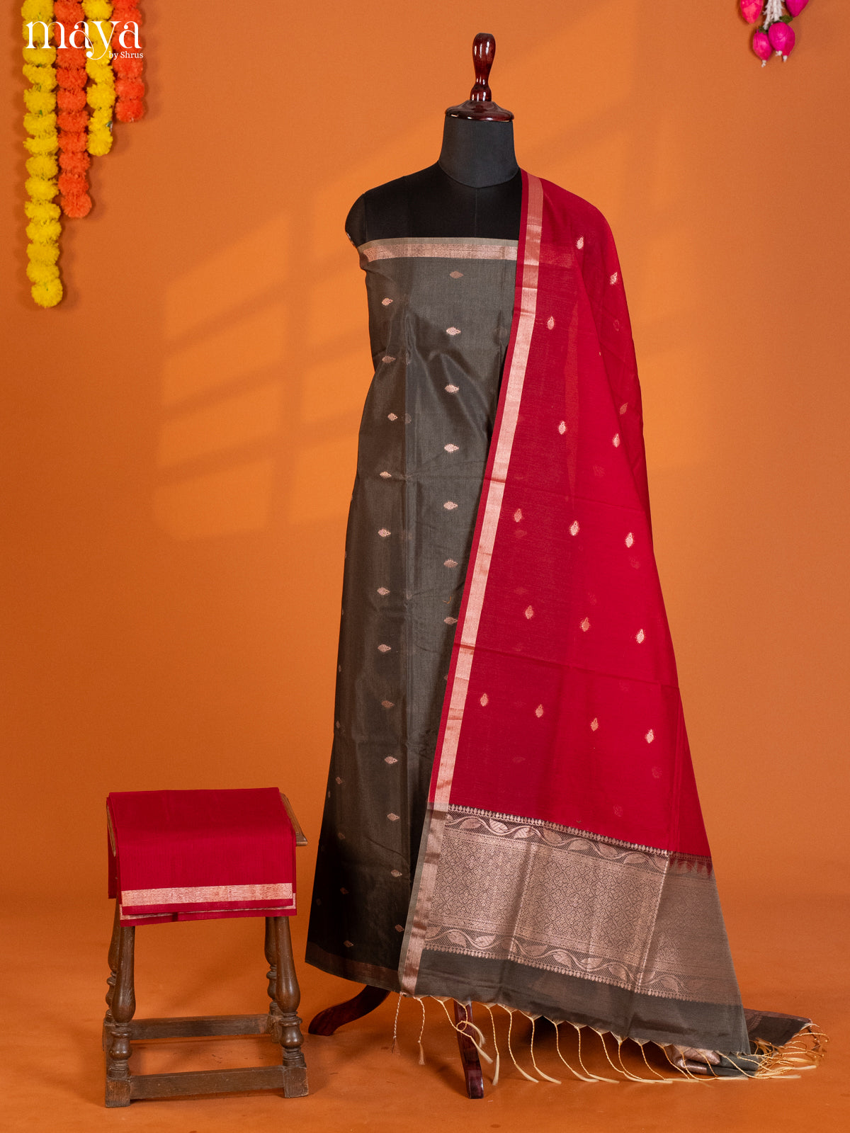 Grey & Red -Semi silkcotton salwar unstitch