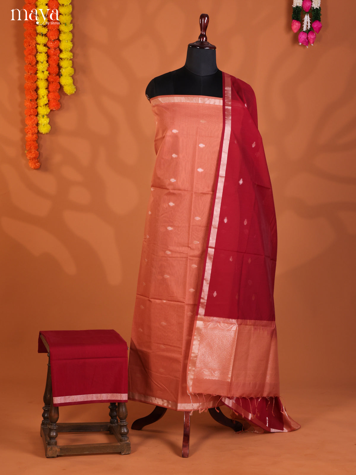 Peach & Red-Semi silkcotton salwar unstitch
