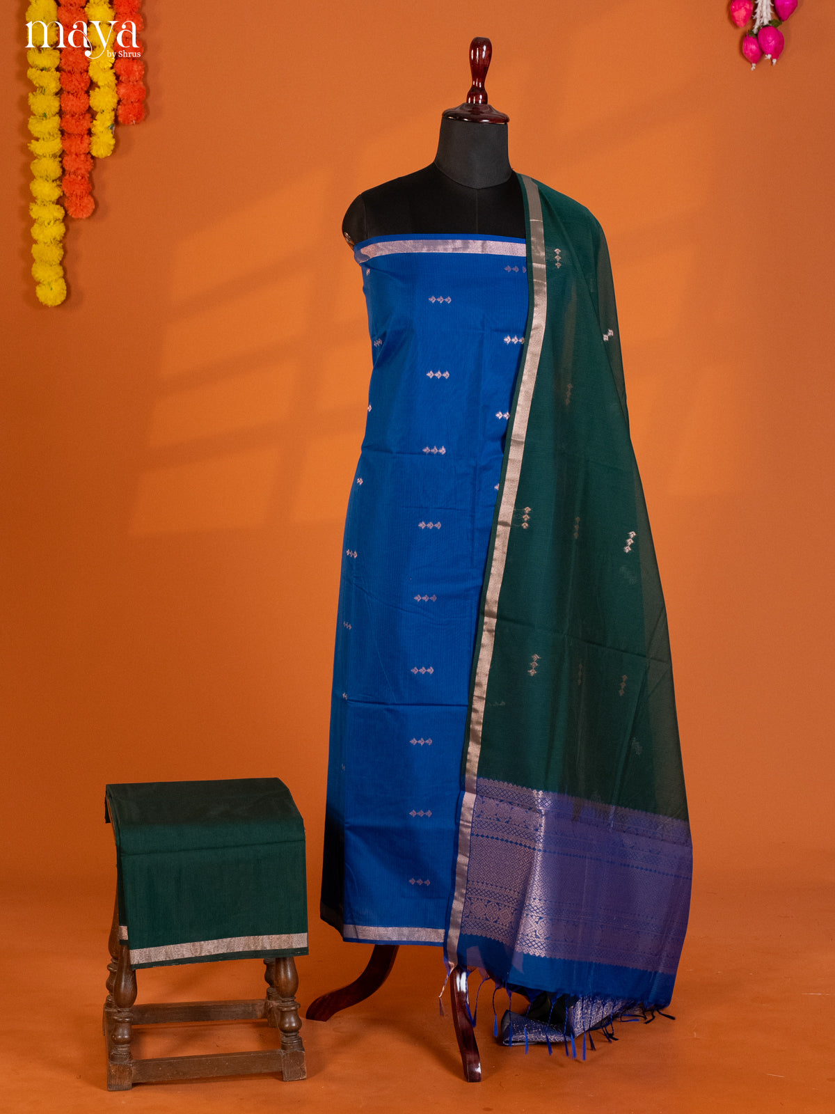 Blue & Green -Semi silkcotton salwar unstitch