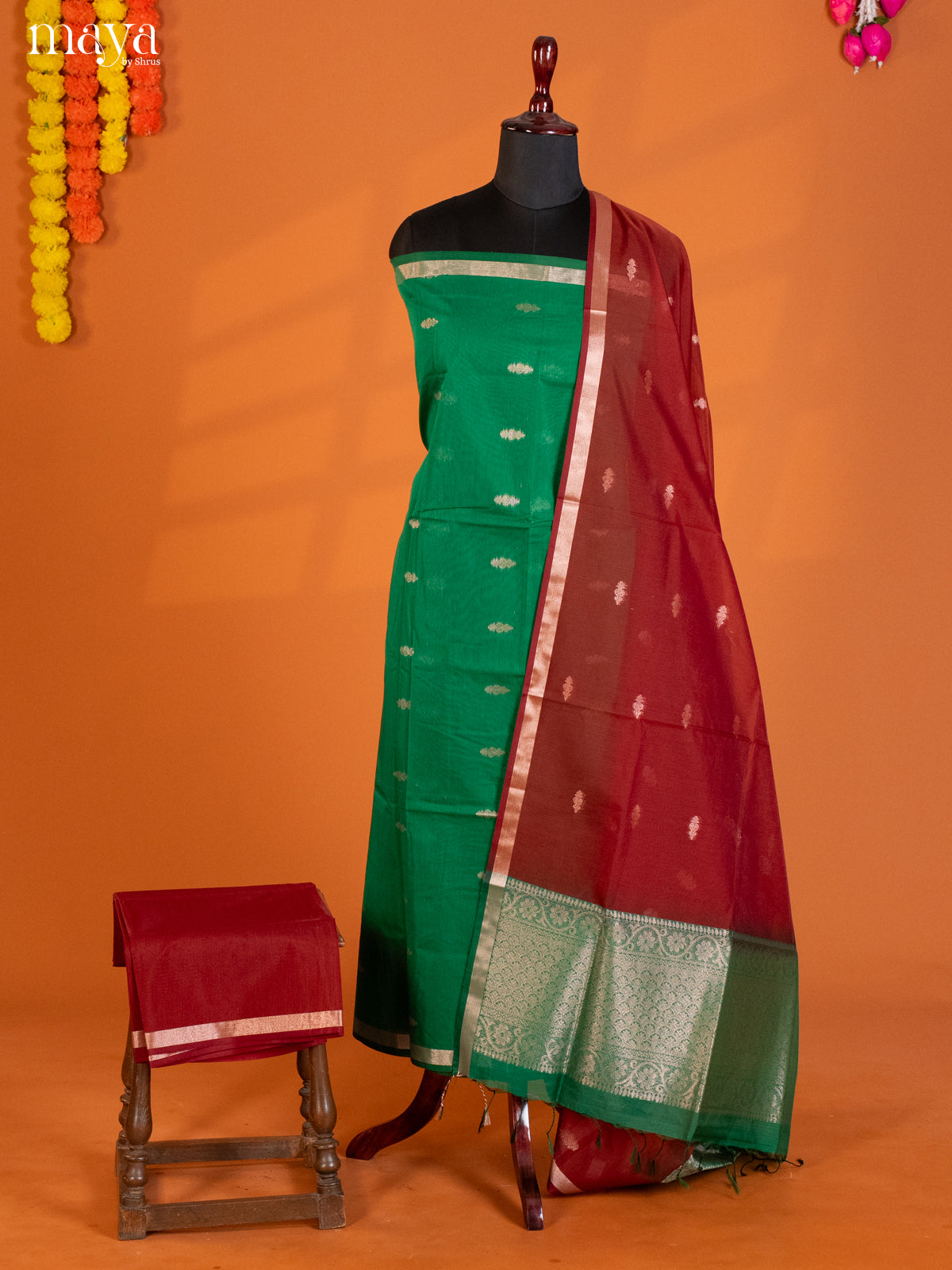 Green & Red -Semi silkcotton salwar unstitch