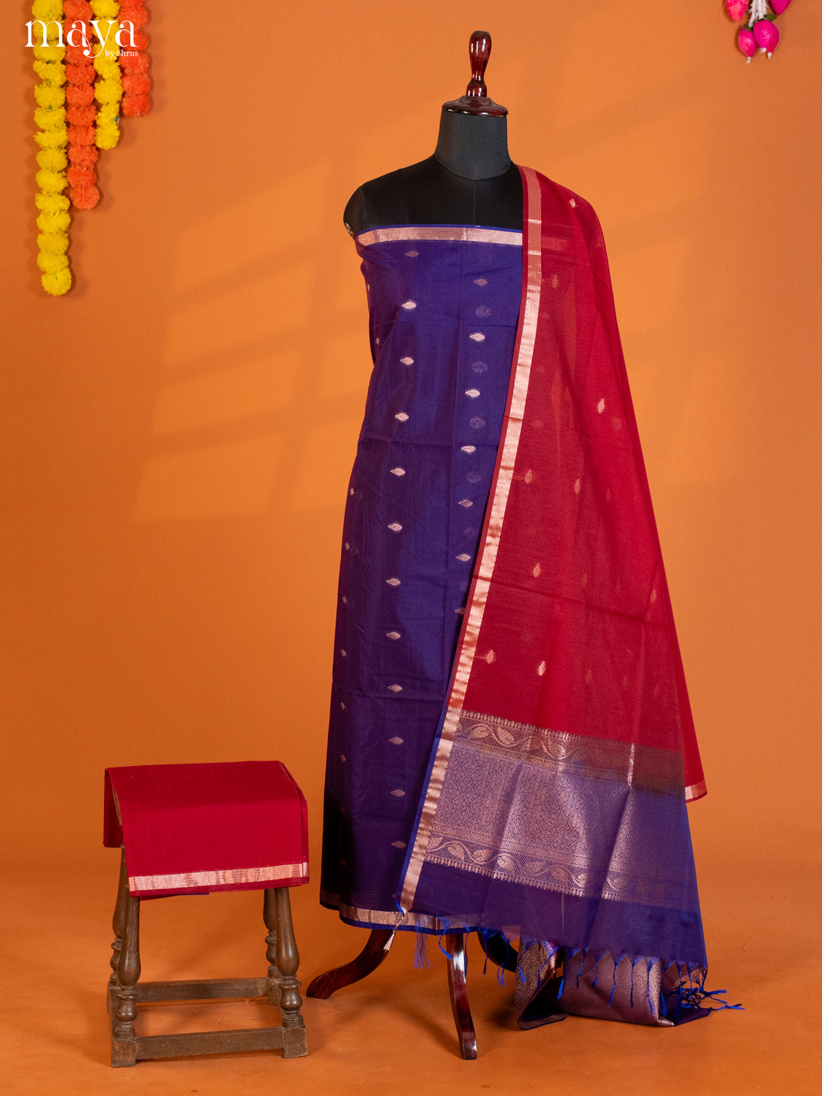 Blue & Red-Semi silkcotton salwar unstitch