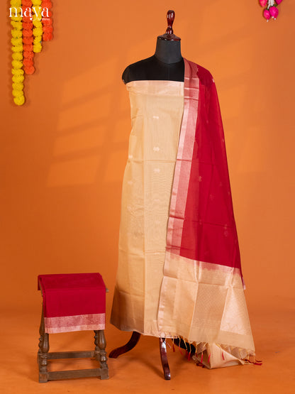 Cream & Red-Semi silkcotton salwar unstitch