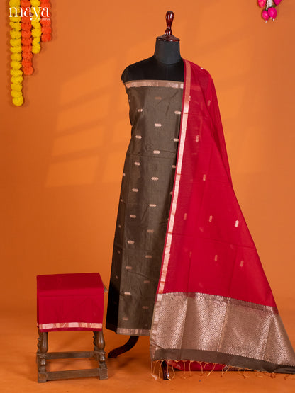 Elephant Grey & Red-Semi silkcotton salwar unstitch
