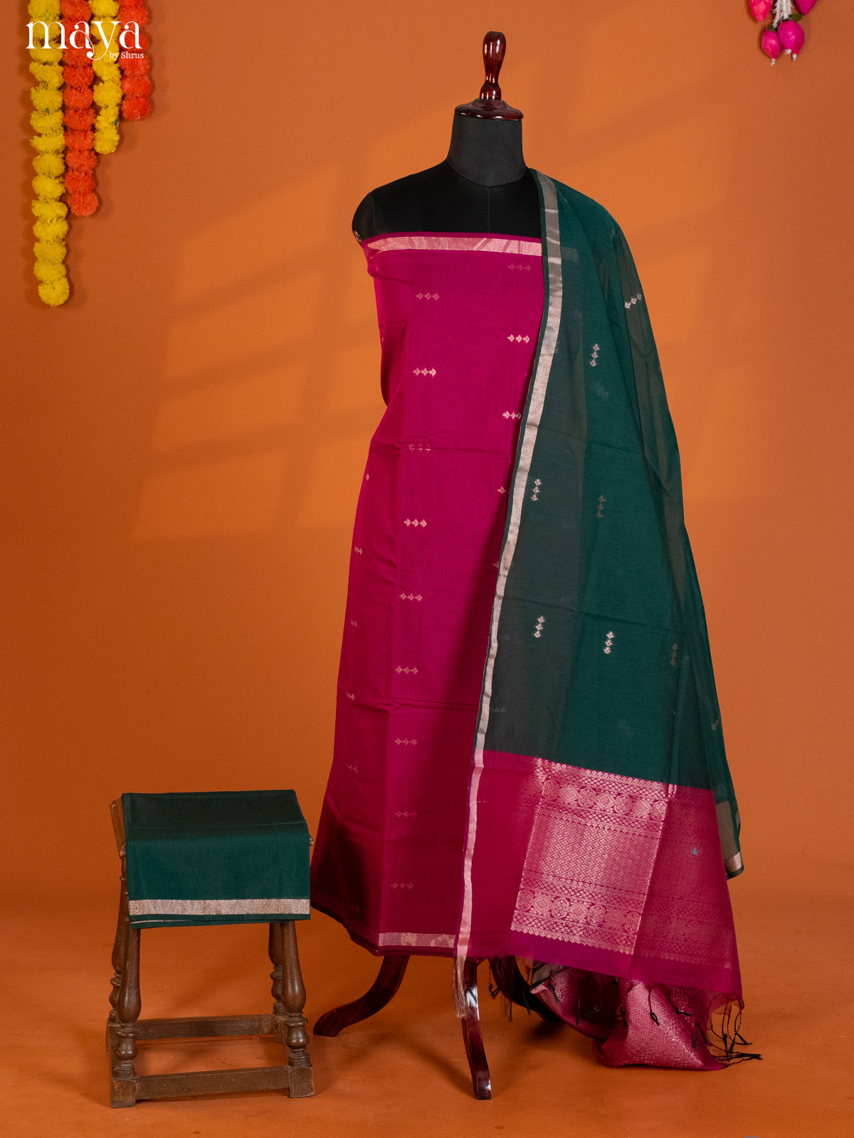 Pink & Green-Semi silkcotton salwar unstitch