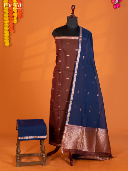 Brown & Blue-Semi silkcotton salwar unstitch