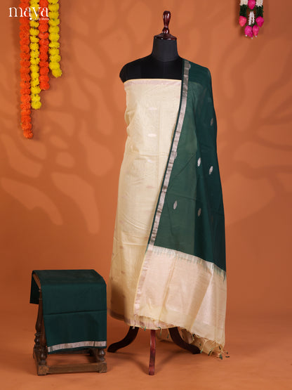 Cream & Green-Semi silkcotton salwar unstitch