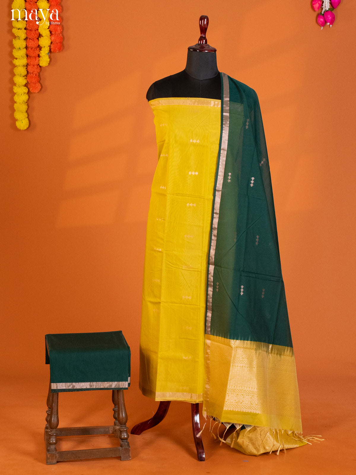 Yellow & Green -Semi silkcotton salwar unstitch