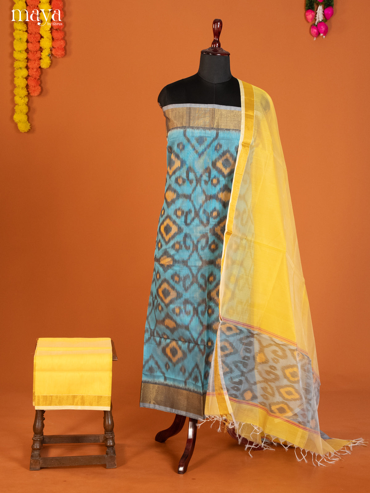 Blue & Yellow-Pochampally Salwar Unstitch