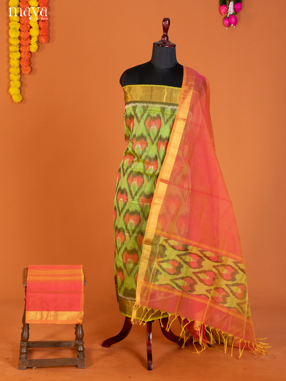 Light Green & Orange-Pochampally Salwar Unstitch