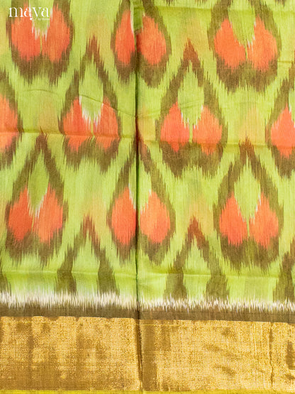 Light Green & Orange-Pochampally Salwar Unstitch