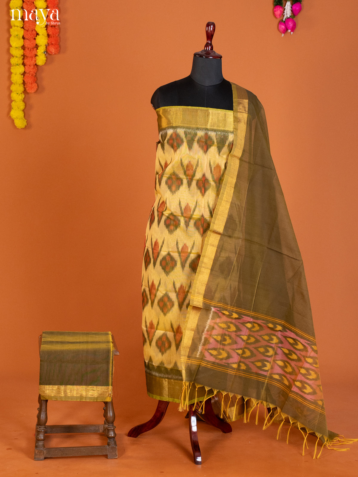 Pale Yellow & Chutney Green-Pochampally Salwar Unstitch