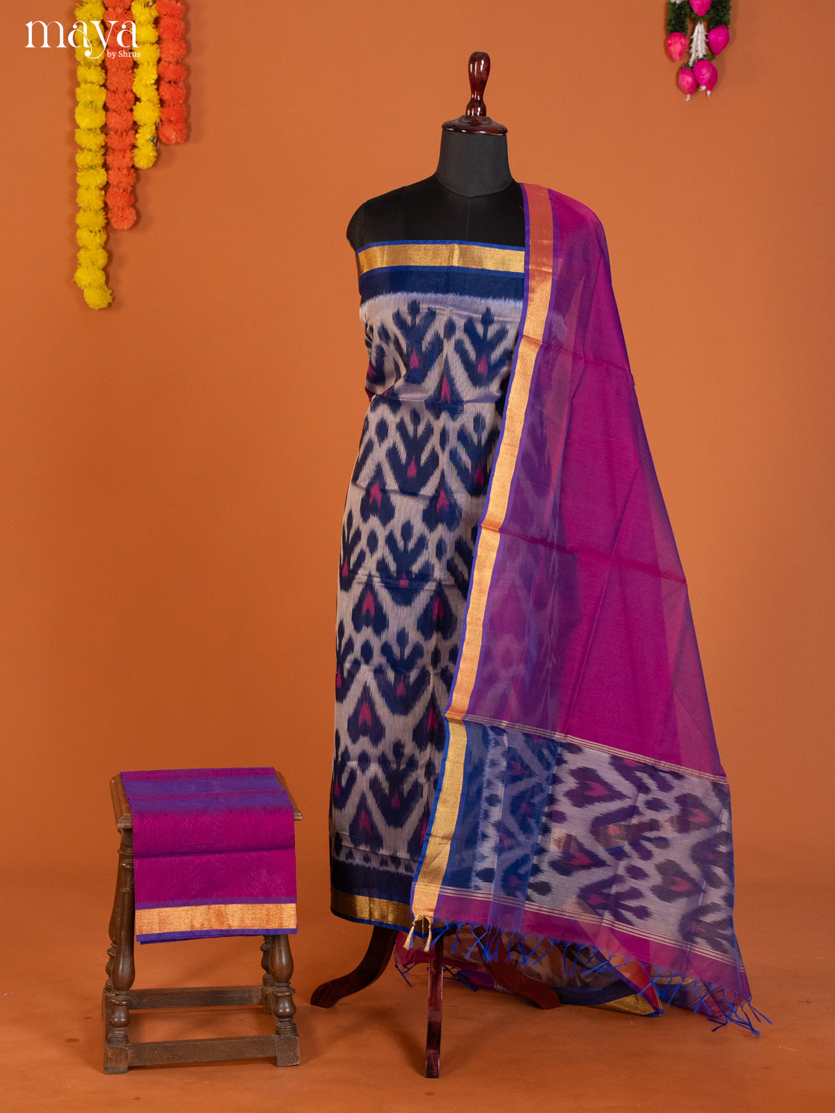 Grey & Purple -Pochampally Salwar Unstitch
