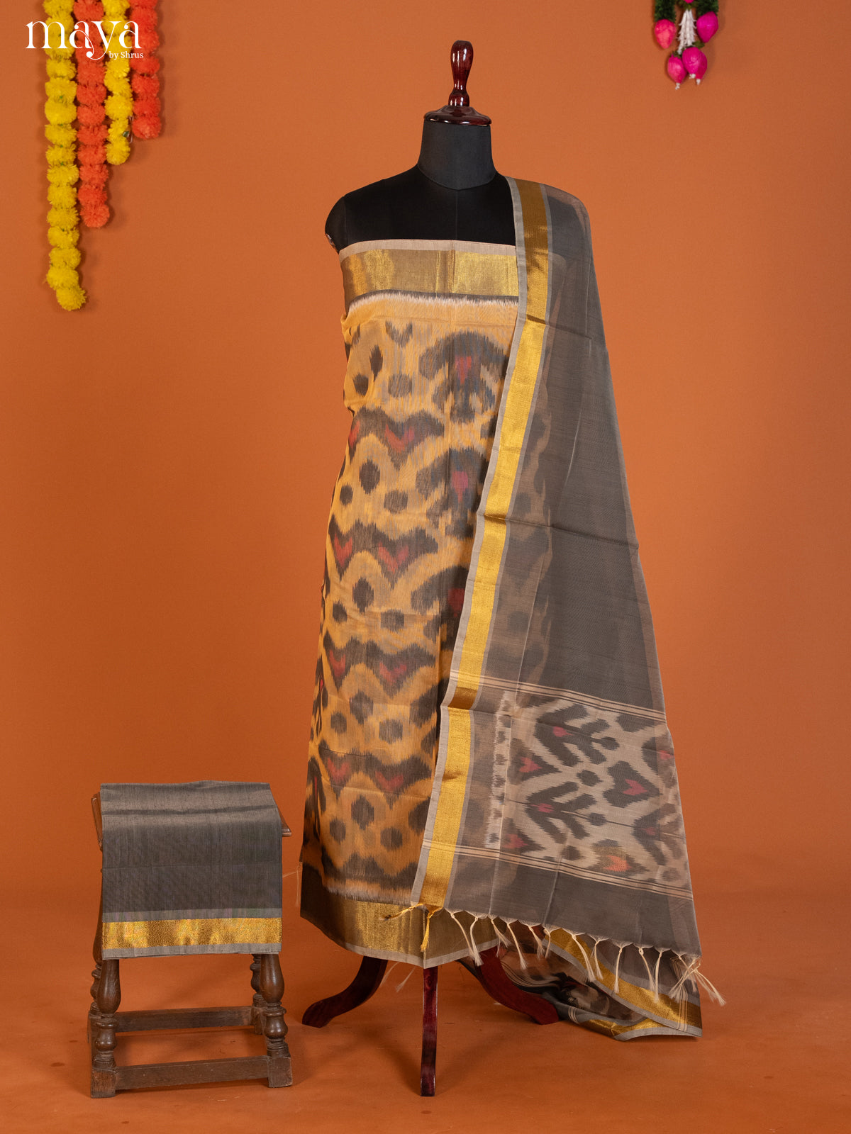 Sandal & Grey-Pochampally Salwar Unstitch