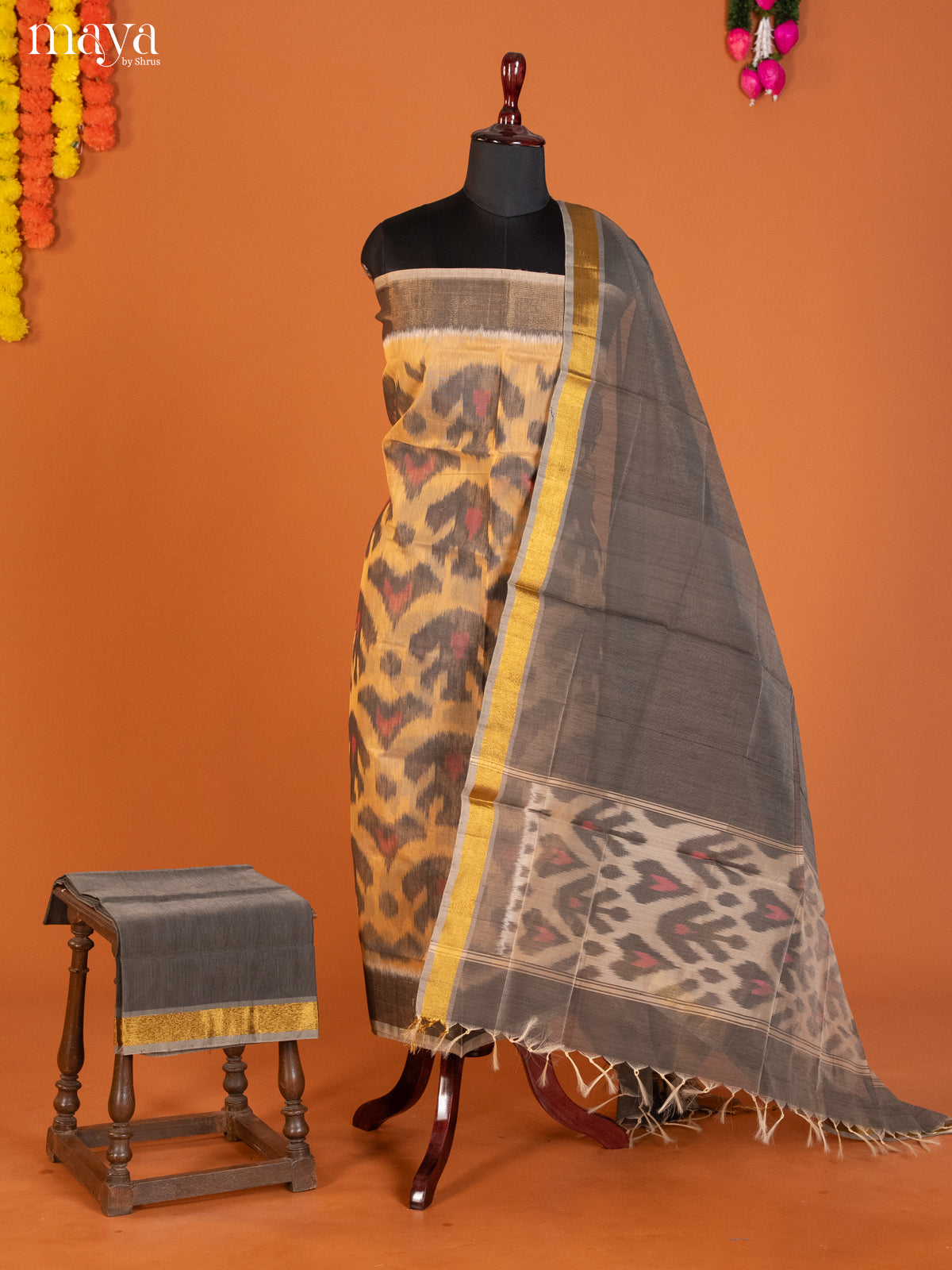 Sandal & Grey -Pochampally Salwar Unstitch