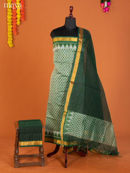 Cream & Green-Pochampally Salwar Unstitch