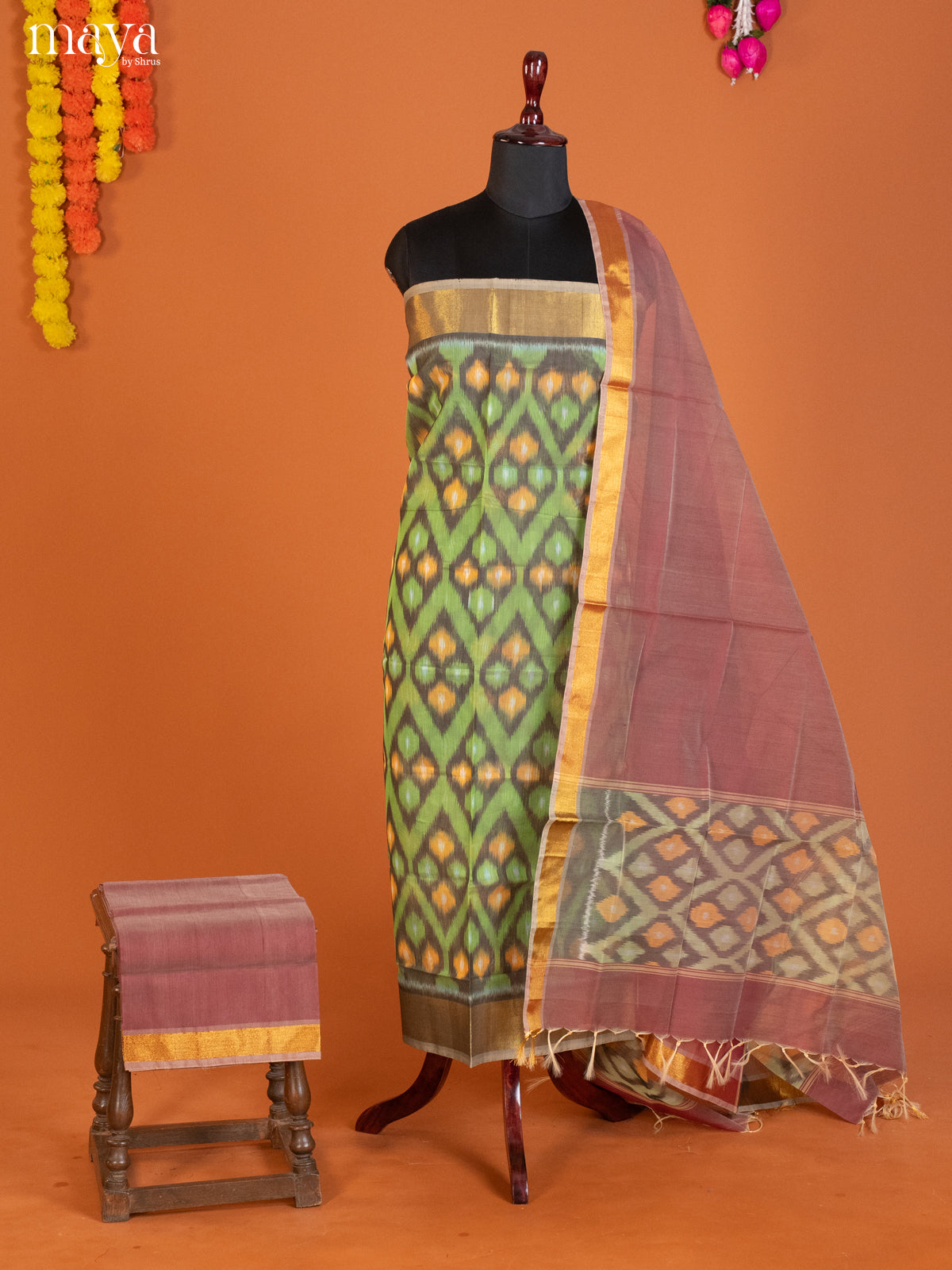 Light Green & Brown-Pochampally Salwar Unstitch