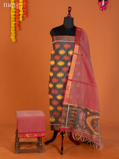 Grey & Maroon -Pochampally Salwar Unstitch