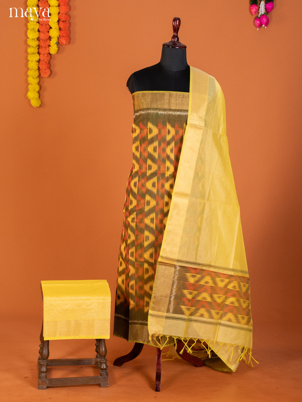 Chutney Green & yellow-Pochampally Salwar Unstitch