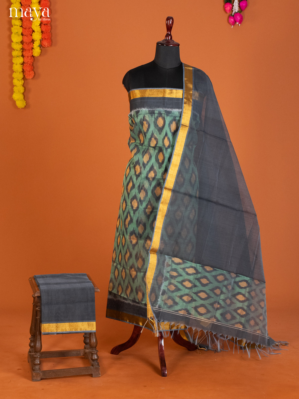 Sea Green & Grey-Pochampally Salwar Unstitch