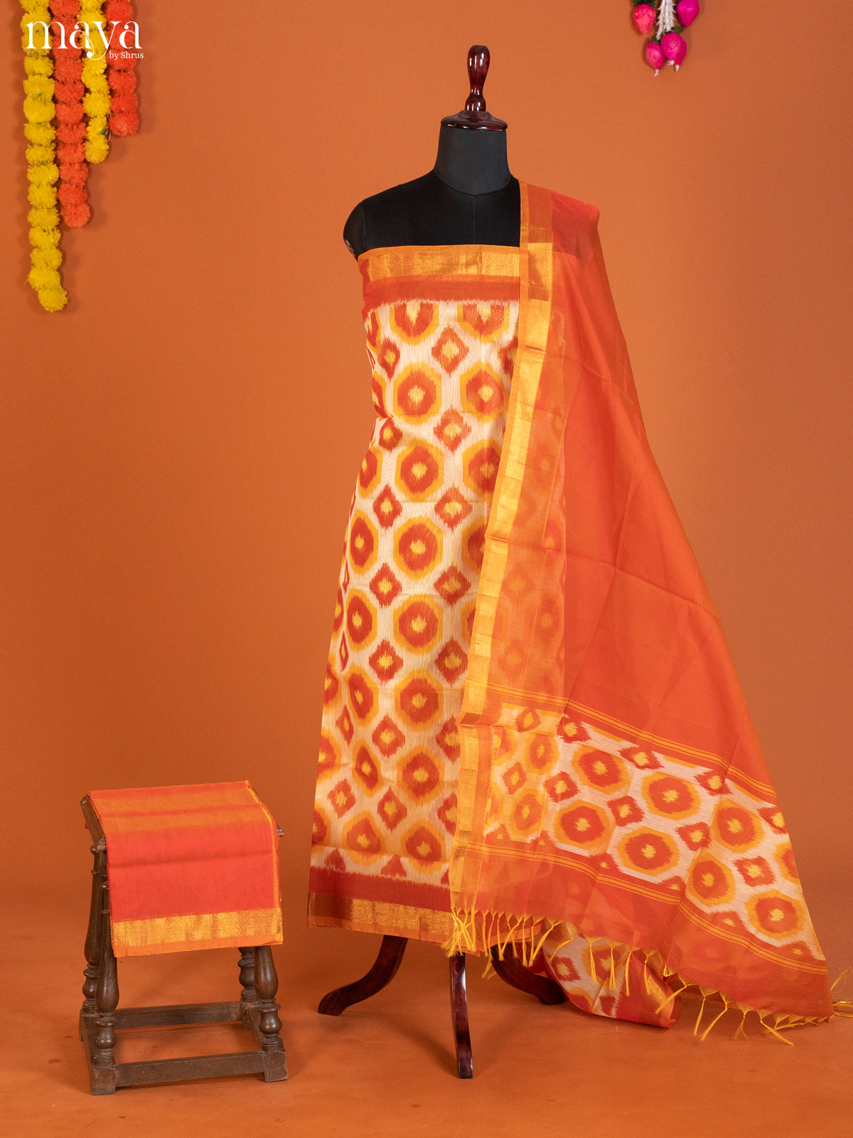 Cream & Orange -Pochampally Salwar Unstitch