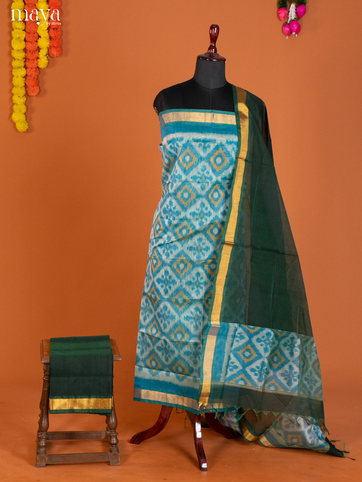 Sky Blue & Green-Pochampally Salwar Unstitch
