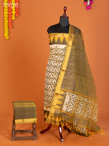 Cream & Green-Pochampally Salwar Unstitch