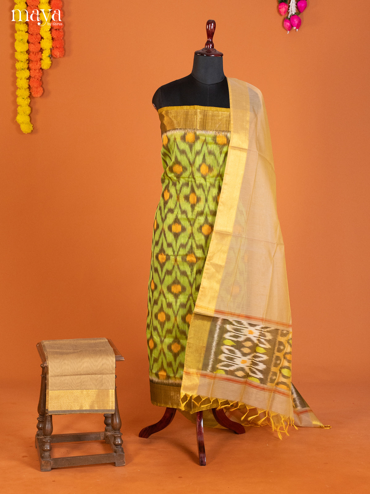 Light Green & Cream-Pochampally Salwar Unstitch