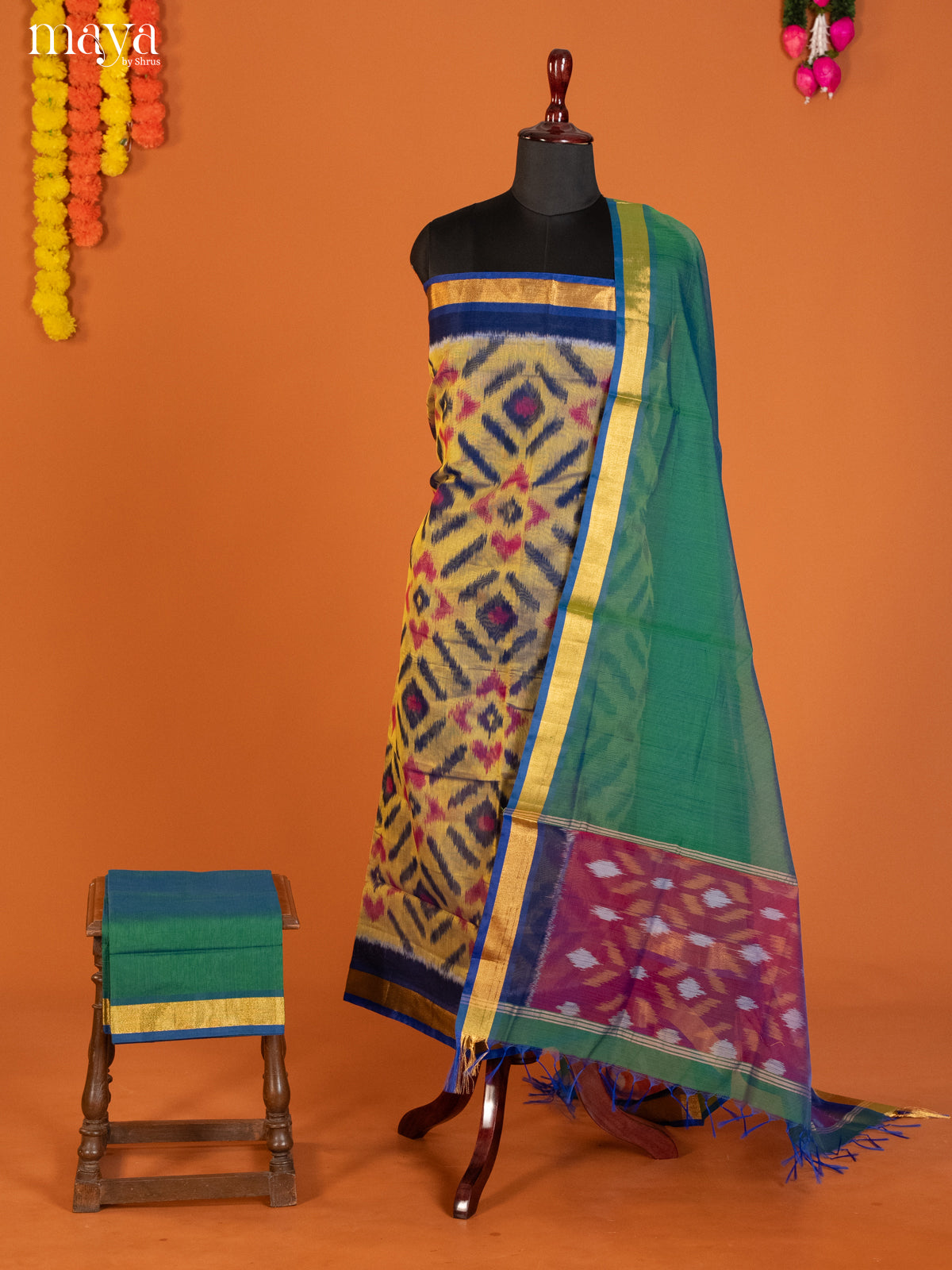 Yellow & Green-Pochampally Salwar Unstitch