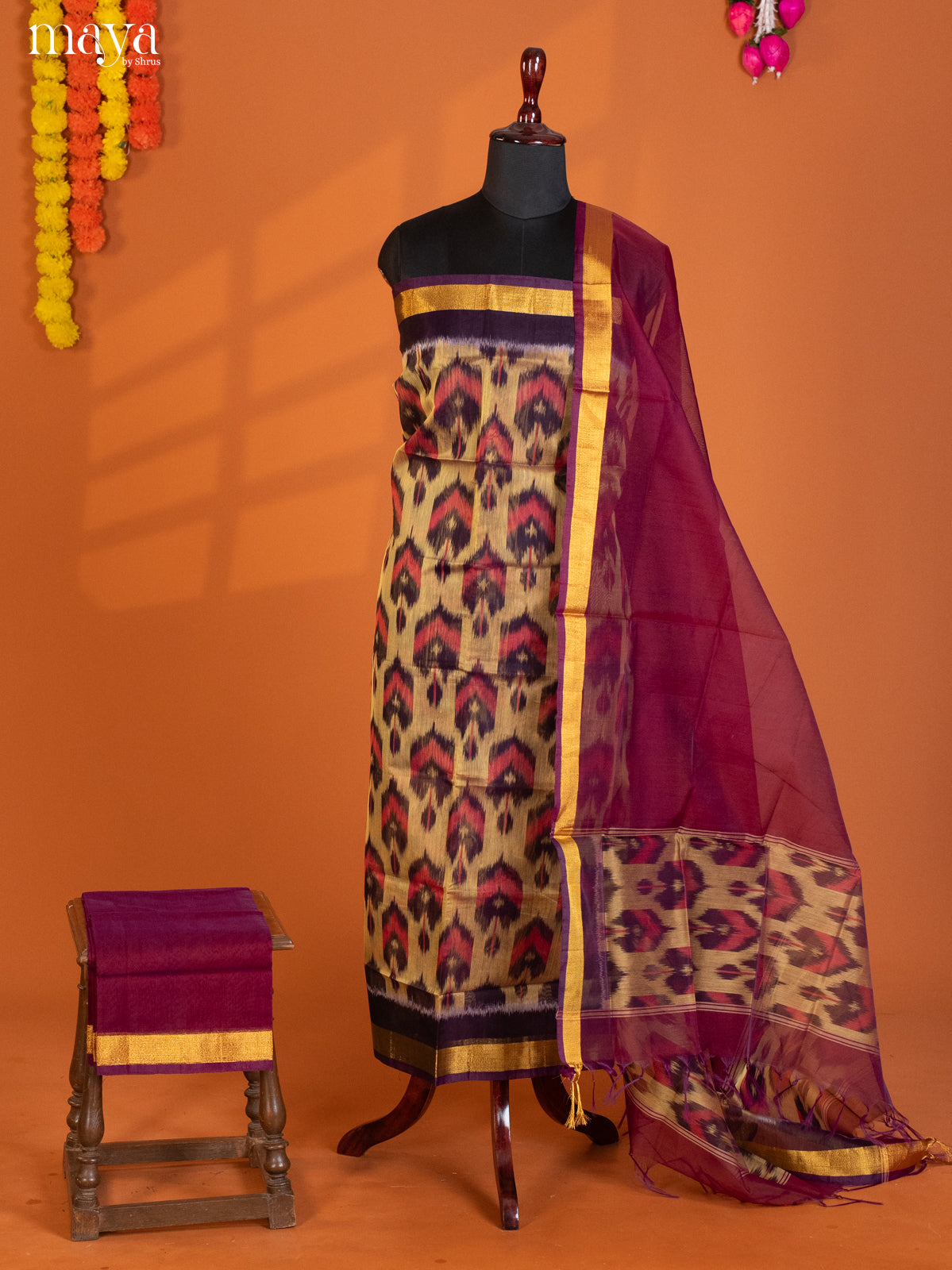 Sandal & Maroon -Pochampally Salwar Unstitch