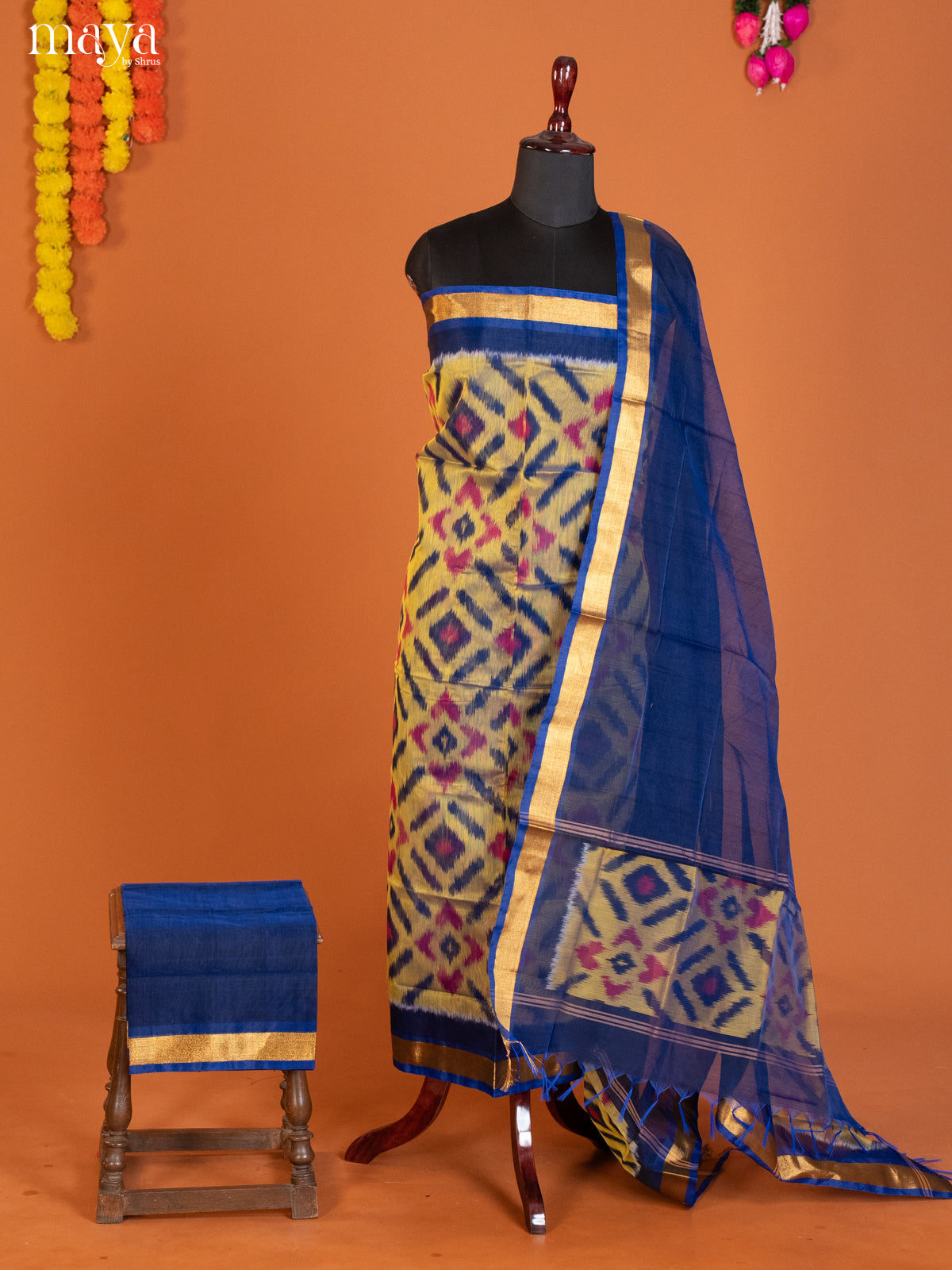 Yellow & Blue -Pochampally Salwar Unstitch