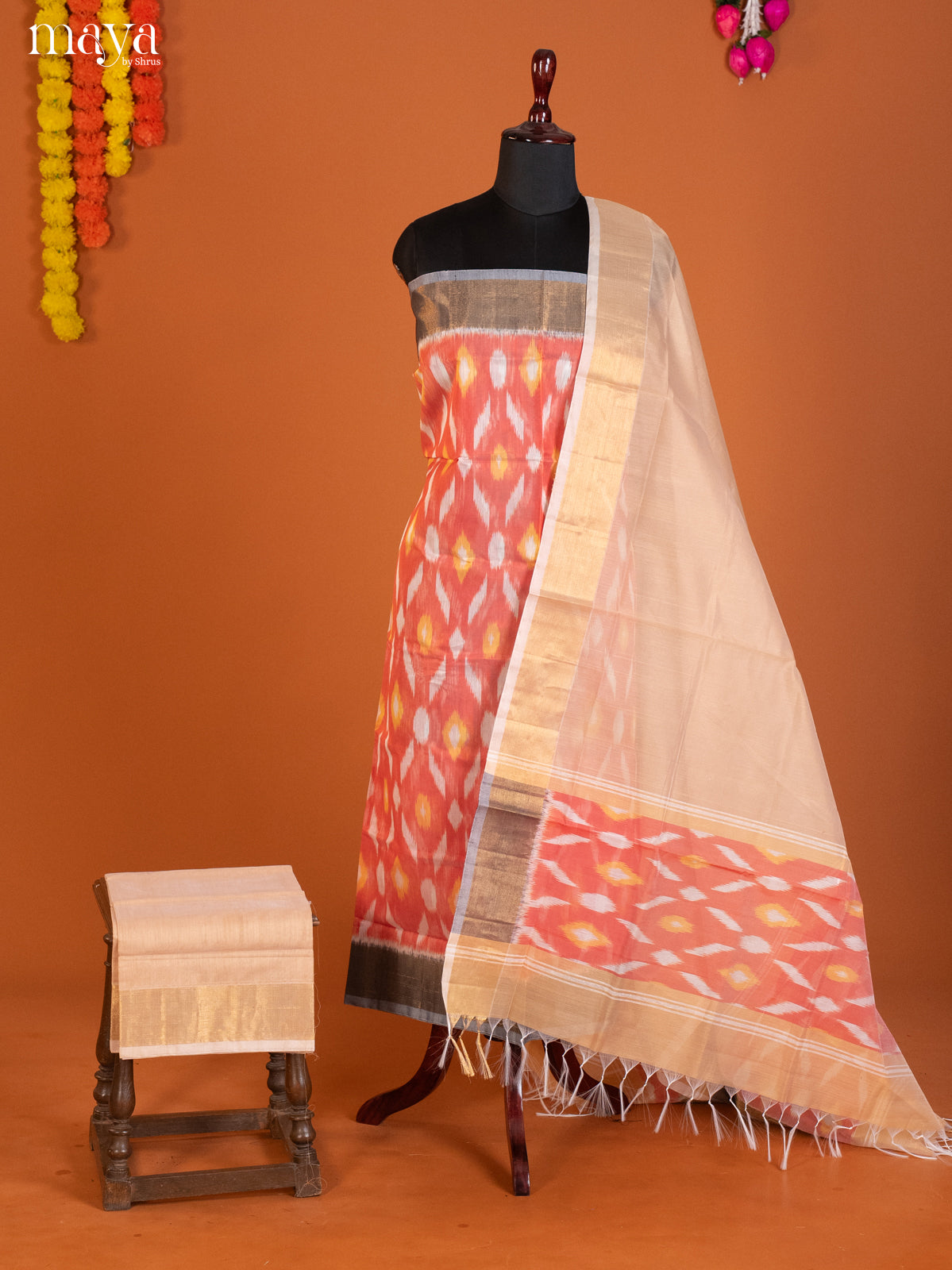 Orange & Cream -Pochampally Salwar Unstitch