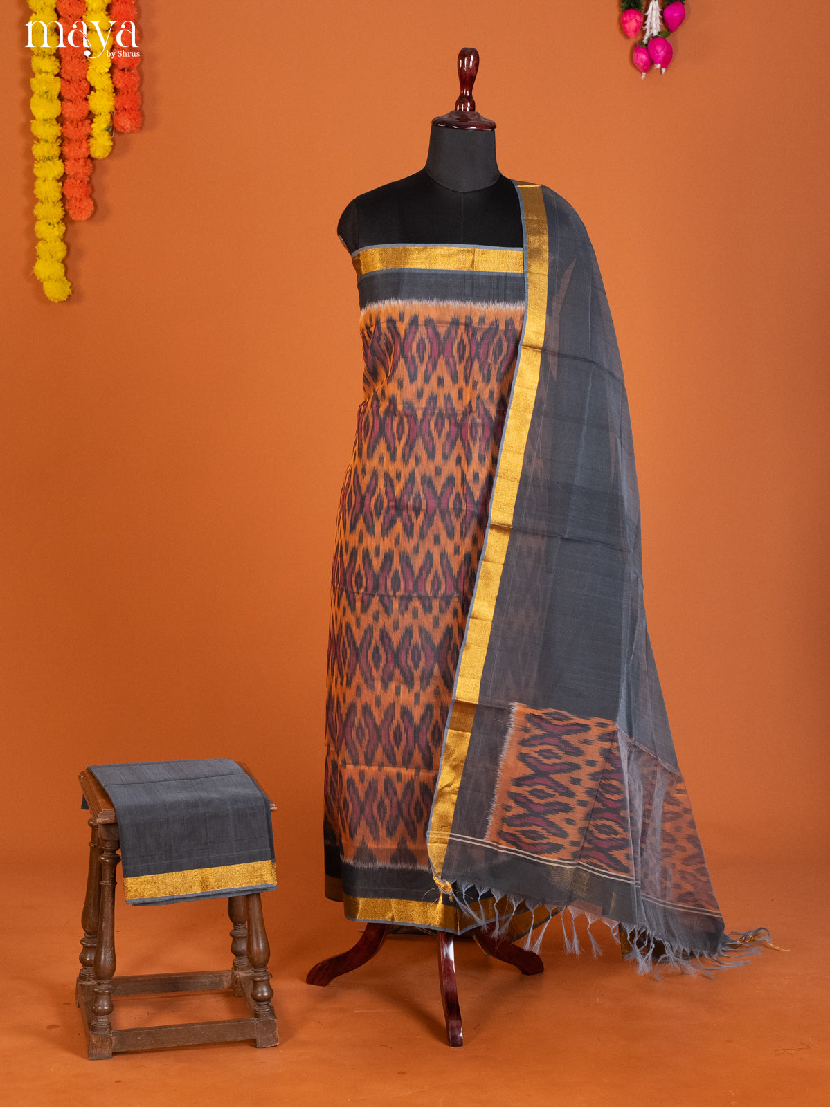 Orange & Grey -Pochampally Salwar Unstitch