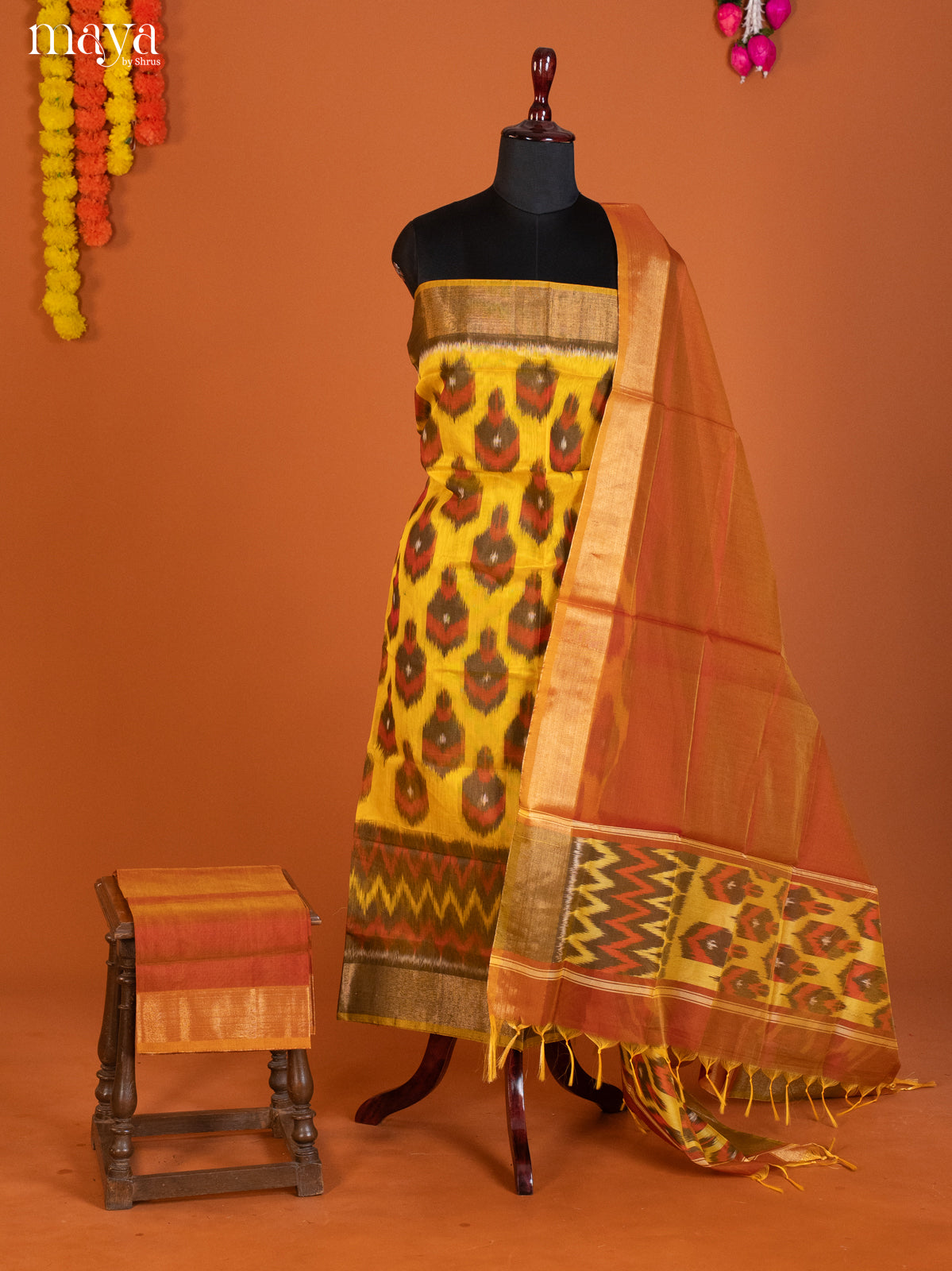 Yellow & brown-Pochampally Salwar Unstitch
