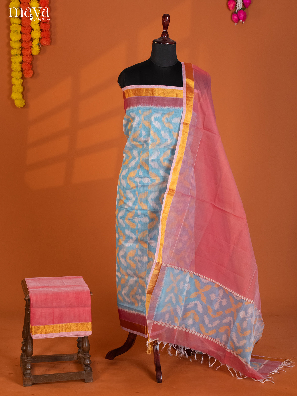 Light Blue & Pink-Pochampally Salwar Unstitch