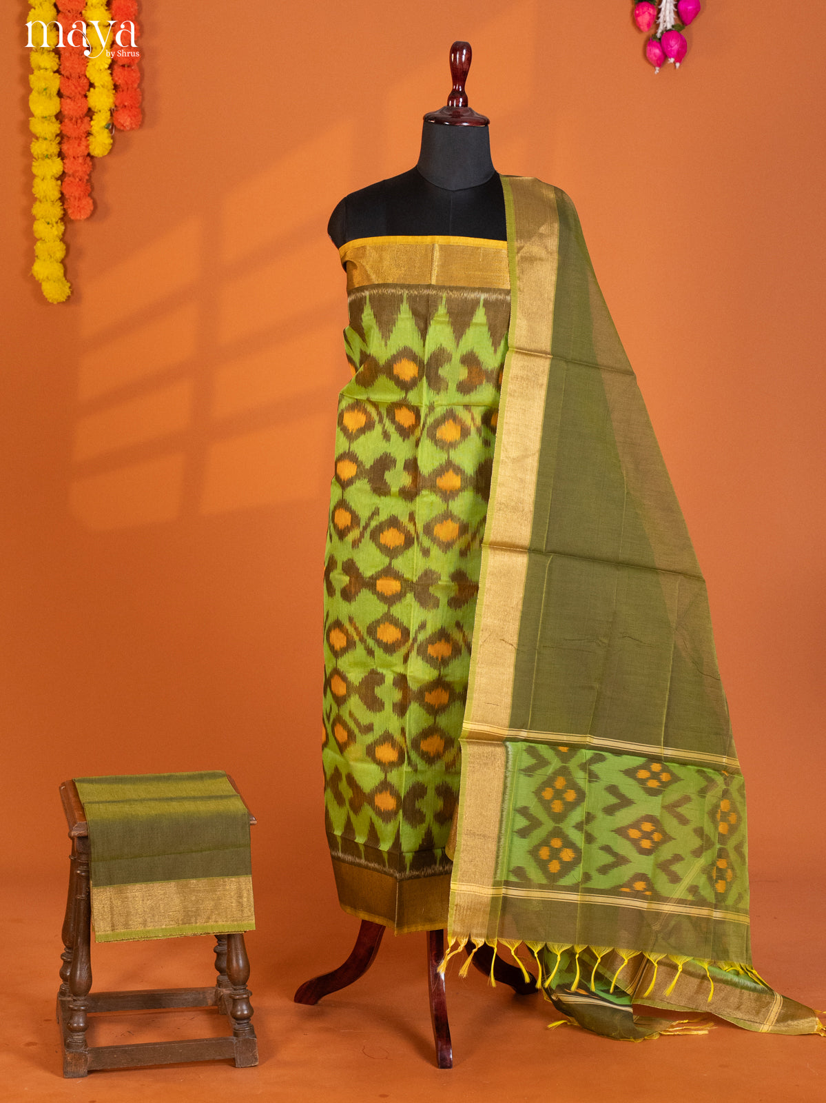 Light Green & Mehandi -Pochampally Salwar Unstitch