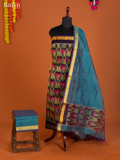 Light Green & Blue-Pochampally Salwar Unstitch