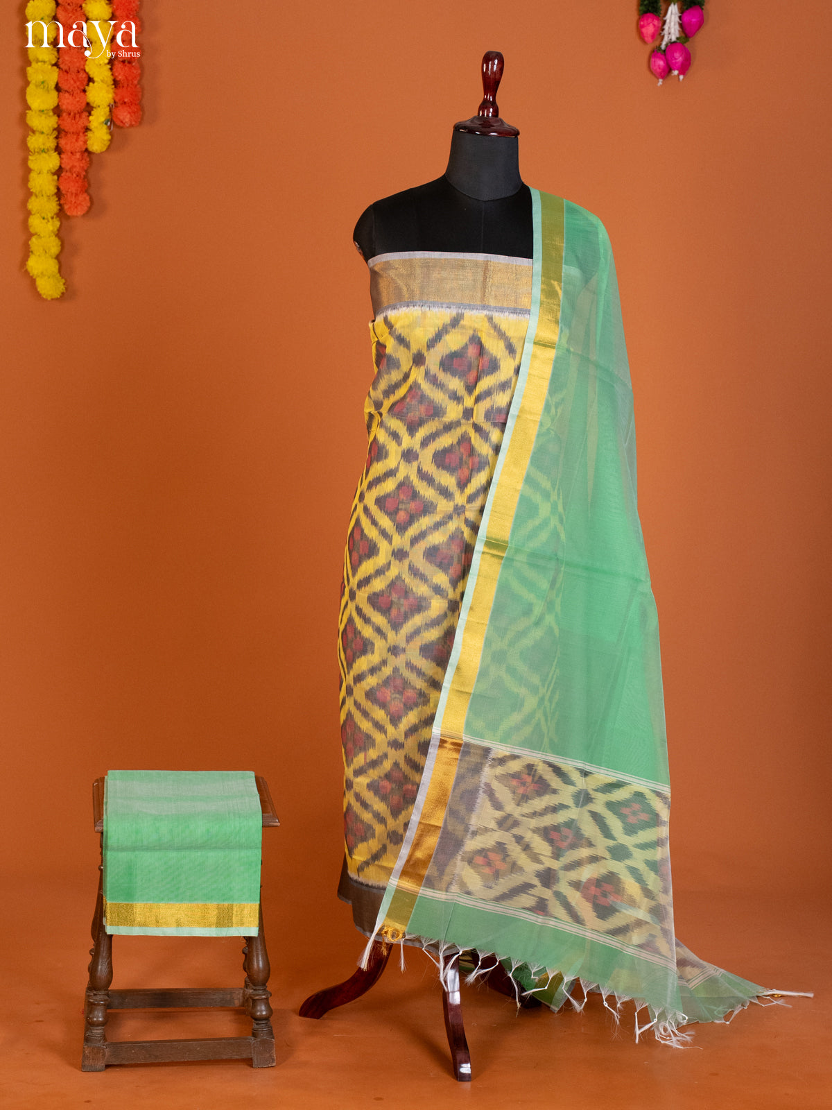 Yellow & green -Pochampally Salwar Unstitch