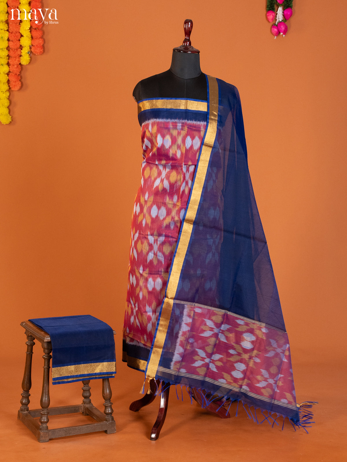 Maroon & Blue-Pochampally Salwar Unstitch