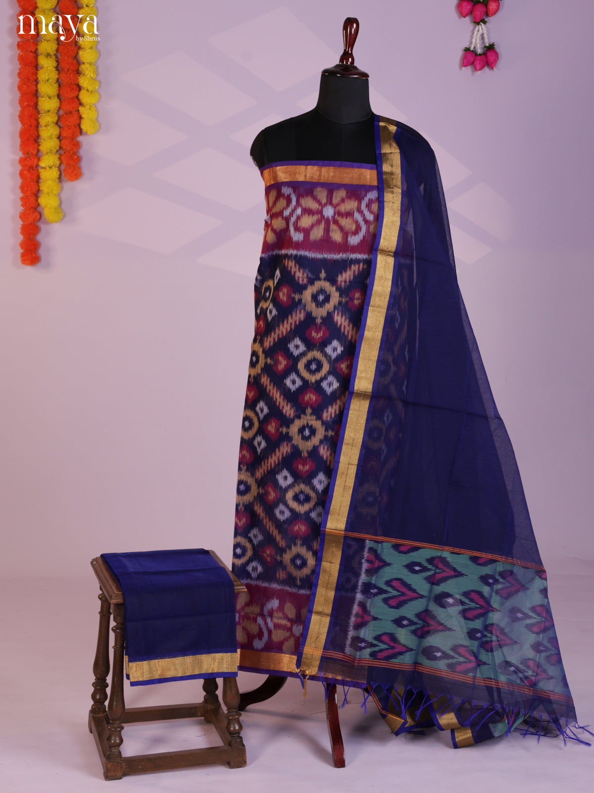 Blue & Maroon-Pochampally Salwar Unstitch
