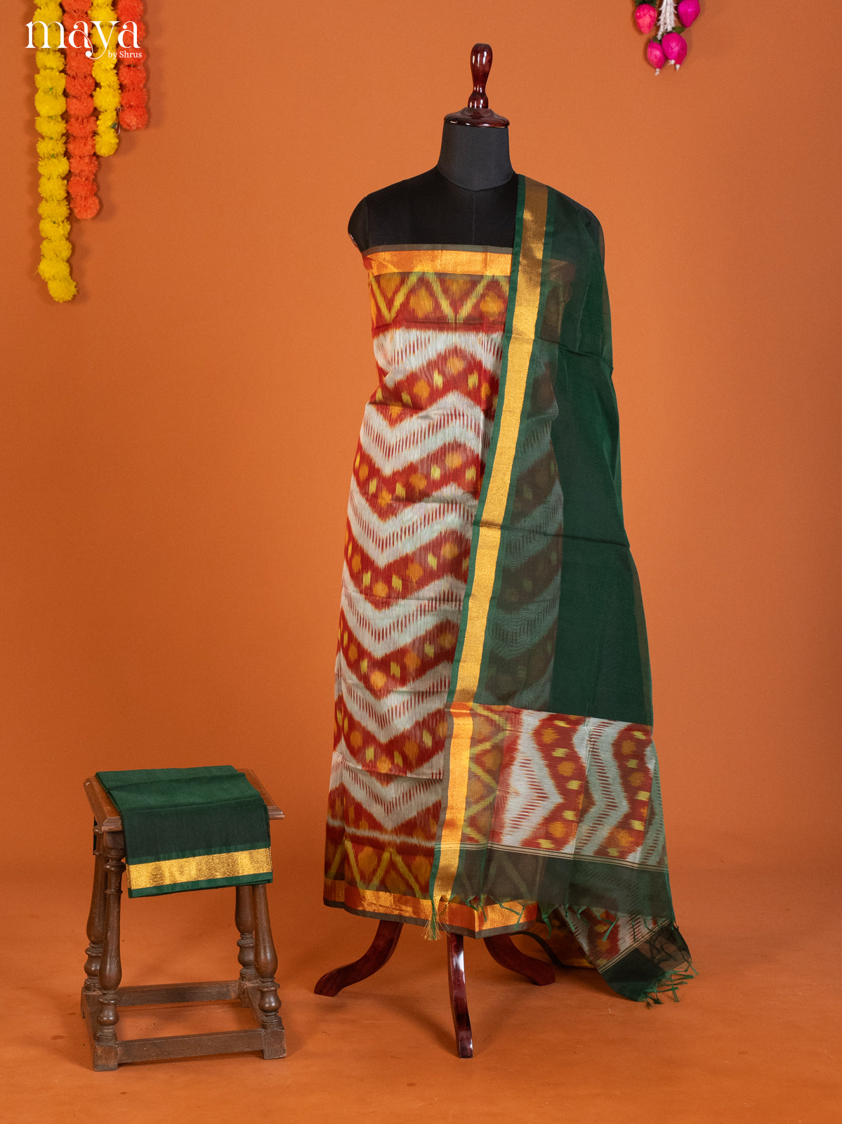 White , Red & green -Pochampally Salwar Unstitch
