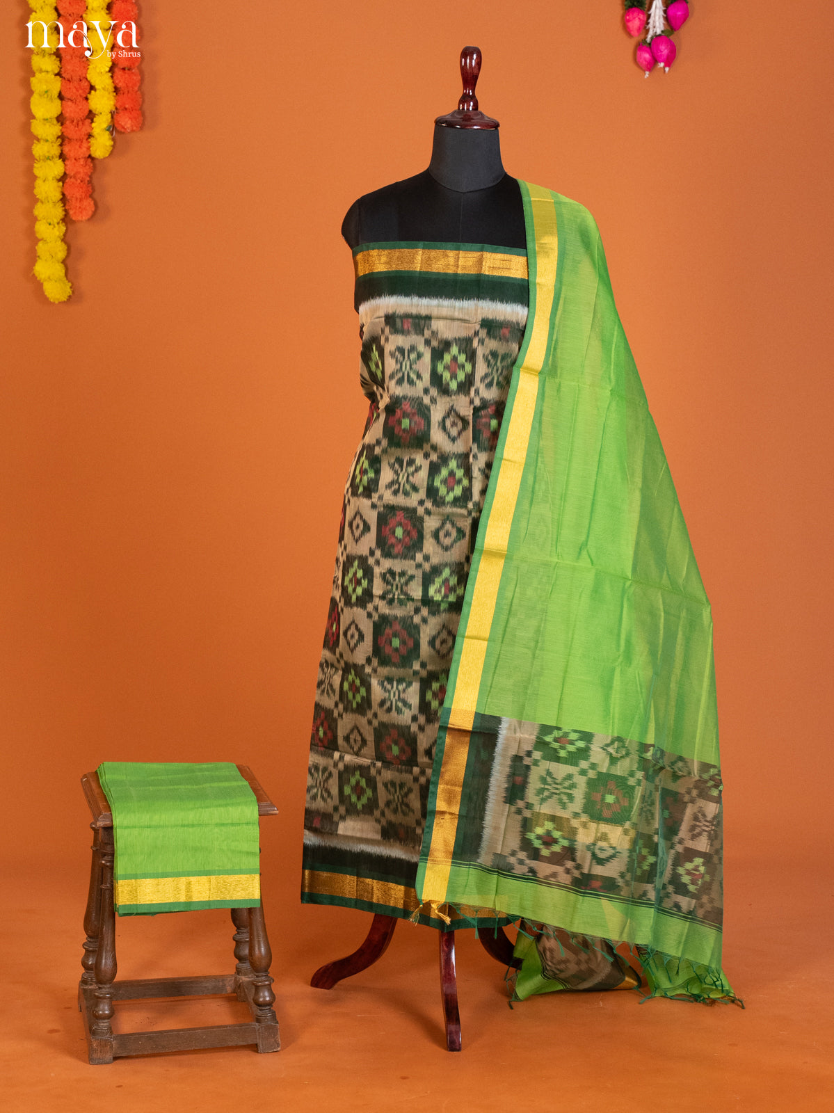 Grey & Green-Pochampally Salwar Unstitch