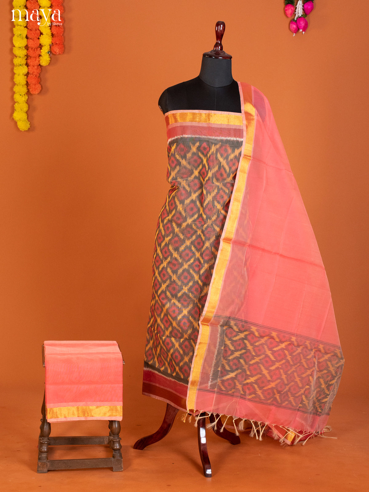 Grey & Pink -Pochampally Salwar Unstitch